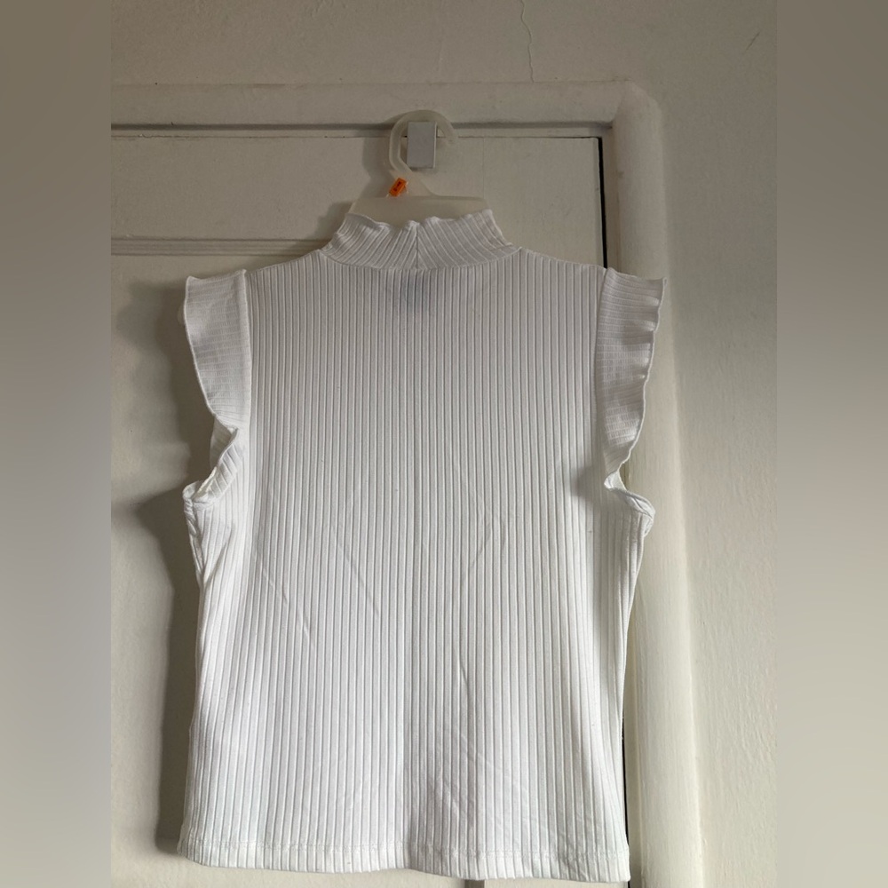 White Ribbed Blouse with Ruffled Mandarin Collar - Picture 2 of 4